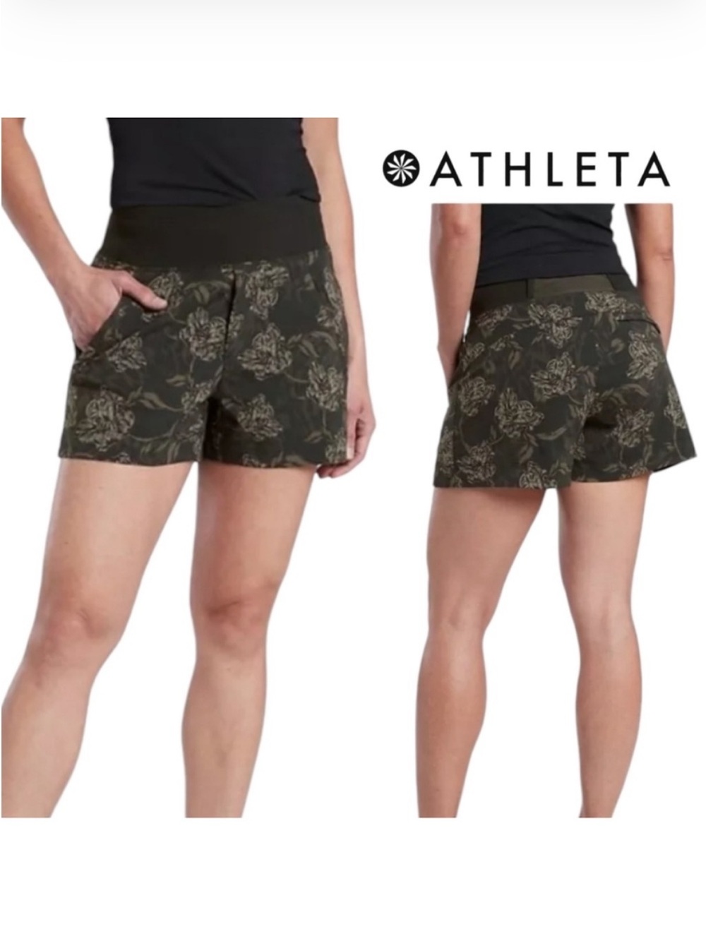 Athleta Trekkie North Printed Short in Terra Firma Olive Floral Pattern